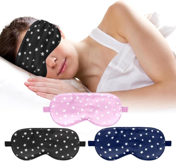 Wanmu Seiden Schlafmaske, 3 Stück Augenmaske Atmungsaktiv Lichtblockierende Schlafbrille Bequeme Weiche Augenmaske mit Verstellbarem Riemen für Reisen Nickerchen(3 Farben)