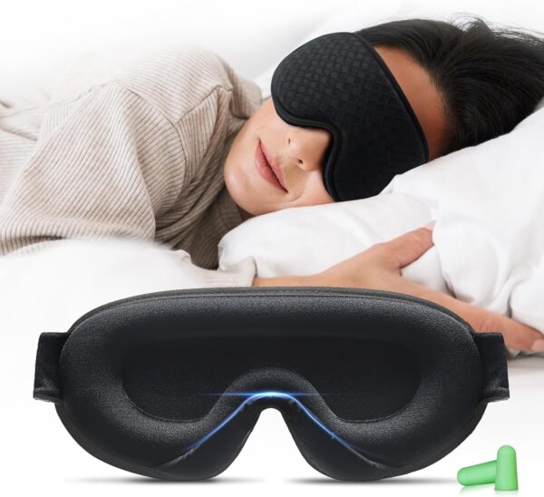 Aosun Schlafmaske für Frauen und Herren, 2024 Upgrade Speziell für Seitenschläfer Optimiertes und Verbessertes Gummiband, 3D Schlafbrille, 100% lichtblockierende Augenmaske mit Ohrstöpseln, Schwarz