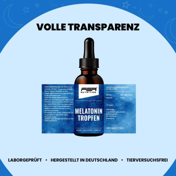 Melatonin Tropfen 50 ml - 0,5 mg bioaktives Melatonin pro Tagesdosis - auf Wasserbasis ohne lästigen Öl-Film im Mund - laborgeprüft - ohne Alkohol - vegan - FSA Nutrition – Bild 5