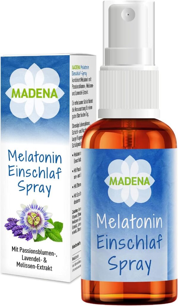 MADENA Melatonin Einschlafspray, ohne Konservierungsstoffe und Süßungsmittel, mit Extrakten aus Passionsblume, Melisse, Lavendel, vegan, Diffuser mit Sofort-Effekt