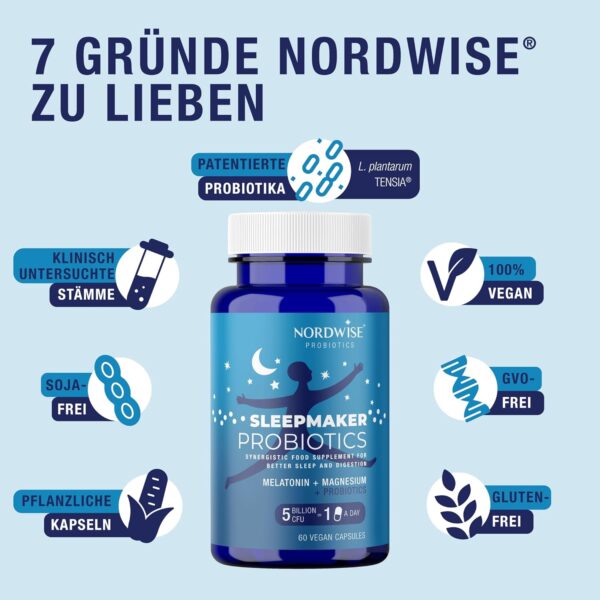 NORDWISE Sleepmaker Probiotika Kapseln mit Melatonin hochdosiert I 2-Monatsvorrat (300 Mrd. KBE/Paket) - Schlaftabletten mit Verdauungsunterstützung | Mit Magnesium & B6 – Bild 8