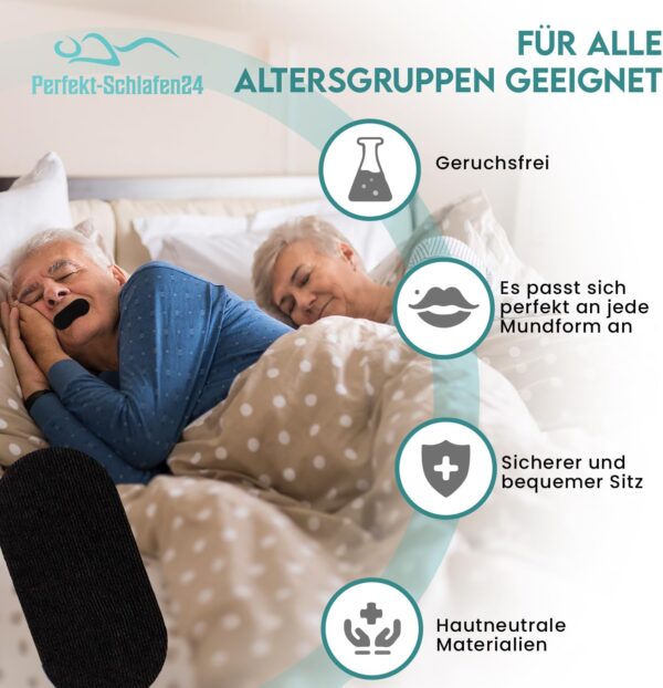 Perfekt-Schlafen24® 30x Starke Nasenpflaster gegen Schnarchen - 66x19mm - Besser schlafen ohne schnarchen & besser atmen für Sport (Schwarz) – Bild 2