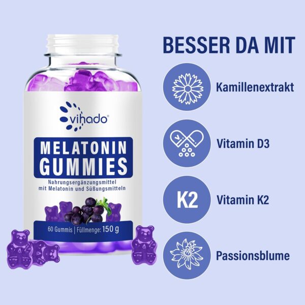 Vihado Melatonin Gummies - so lecker und soft, hochdosiert, zuckerfrei, vegan - besser da mit Vitamin D3, K2, Passionsblume und Kamille, 60 Gummis – Bild 5