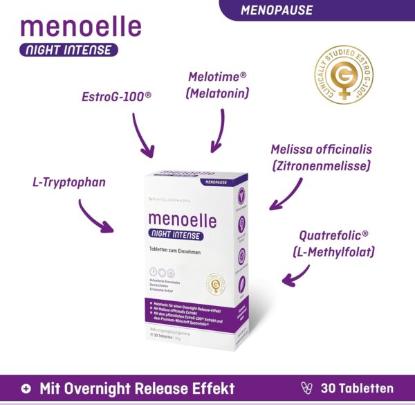 menoelle Night intense. Schneller Einschlafen, tiefer Durchschlafen in den Wechseljahren. Hochdosiertes Melatonin 1,9mg, L-Tryptophan, Folsäure, Melisse, Estrog-100. 1 Tab./Nacht. 30 Tabletten – Bild 3