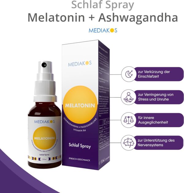 Mediakos® Melatonin Einschlafspray mit Ashwagandha (50ml) - Hochdosiertes Melatonin Spray mit Passionsblume & Vitamin B6 - Schlafspray für direkte & kontaktlose Anwendung - Pfirsich-Geschmack – Bild 2