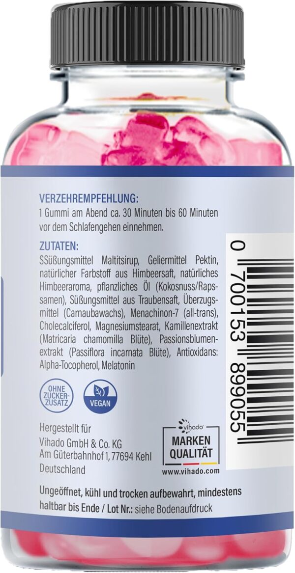 Vihado Melatonin Gummies - so lecker und soft, hochdosiert, ohne Zuckerzusatz, vegan - besser da mit Vitamin D3, K2, Passionsblume und Kamille, 60 Gummis – Bild 3
