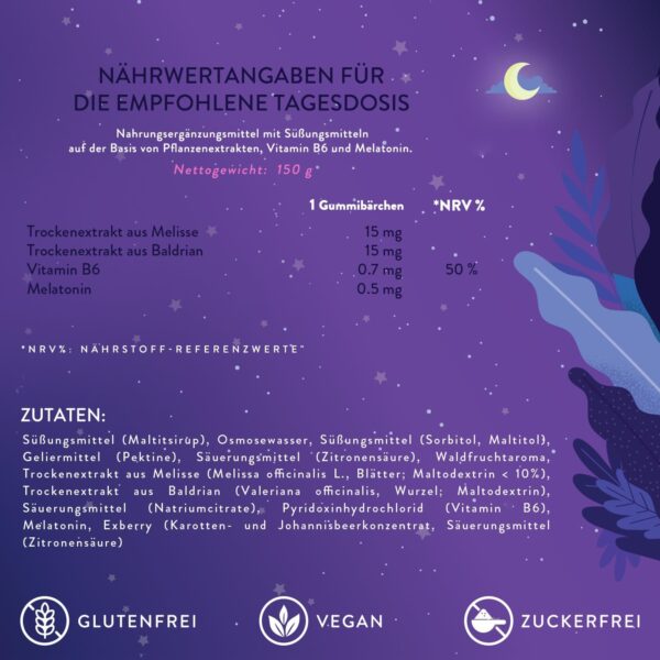 Gomicare - Melatonin Gummies - Melatonin, Vitamin B6, Melissen- Und Baldrianextrakten - 60 Gummies - Zuckerfrei - Vegan - Gluten Und Laktosefrei – Bild 6