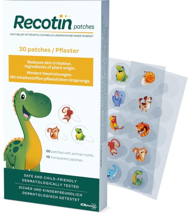 RECOTIN Mückenpflaster 30x - 100% Natürliche Wirkstoffe - Pflaster gegen Mückenstiche - 20x Tiermotive & 10x Transparent - Insektenstichheiler - Kinderpflaster - Urlaub Must-Have - Reiseapotheke