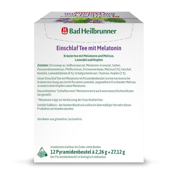 Bad Heilbrunner Einschlaf Tee mit Melatonin - im Pyramidenbeutel - Melatonin, Melisse, Lavendel - Endlich wieder gut einschlafen - Ideal fürs Reisen - Gute Nacht Tee (4 x 12 Pyramidenbeutel) – Bild 4