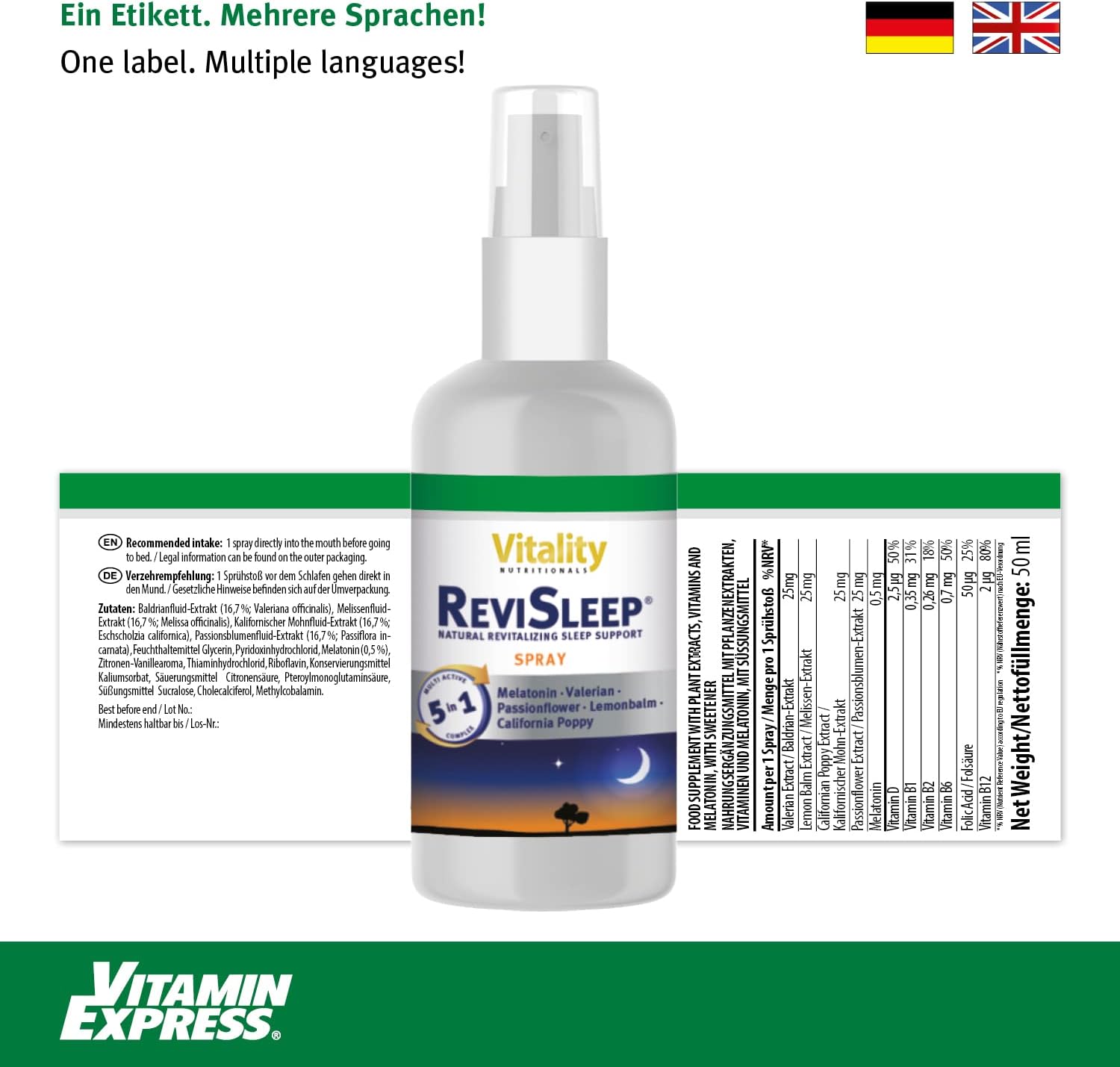 Melatonin Hochdosiert I Melatonin Spray Vegan & Alkoholfrei mit Baldrian, Melisse, Vitamin B6, Vitamin B1 I ReviSleep Spray Vitality Nutritionals by VitaminExpress – Bild 3
