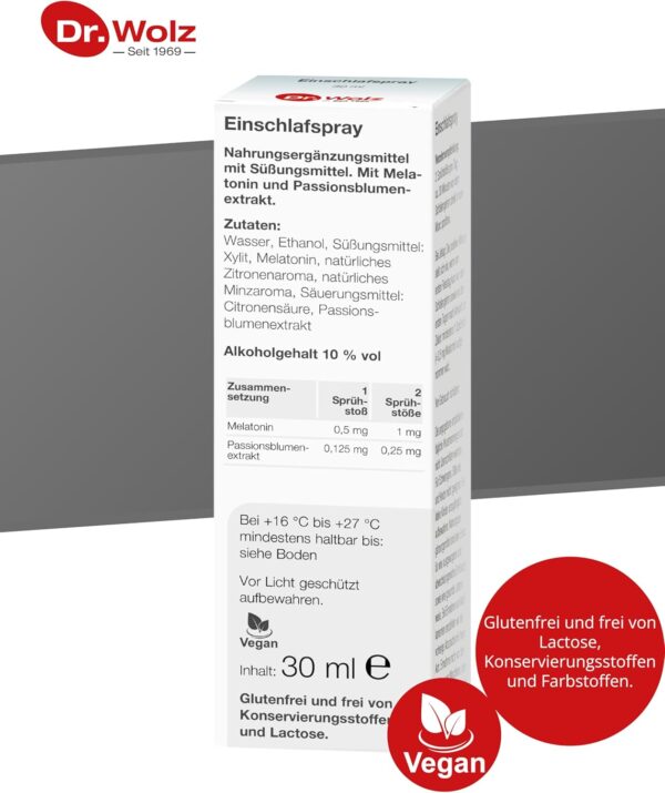 Dr. Wolz Einschlafspray, optimale Kombination mit Melatonin und Passionsblumenextrakt, ohne Konservierungsstoffe und Zucker, 30ml – Bild 6