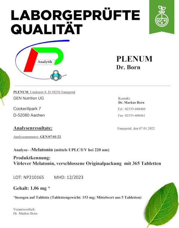 Melatonin - 365 Tabletten - 0,5 mg pro Tagesdosis (1/2 Tablette) - Laborgeprüft - Ohne unerwünschte Zusätze - Hochdosiert - Vegan – Bild 7