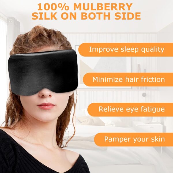 Seiden Schlafmaske für Seitenschläfer, 100% Reine Natürliche Bio Maulbeerseide Augenmaske für Herren & Frauen, 99% Lichtblockierende Schlafbrille mit Verstellbares Gummiband, Schwarz – Bild 3