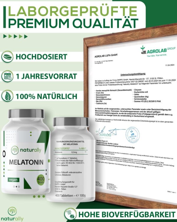 naturally Melatonin Tabletten [400 Stück] – bioaktive 0,5mg Melatonintabletten hochdosiert, vegan, ohne Zusätze, Schlaftabletten – Bild 6