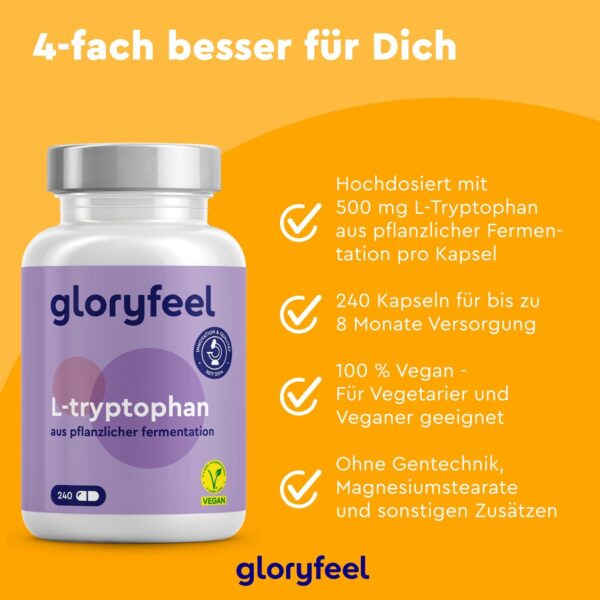 L Tryptophan hochdosiert - 500mg pro Kapsel - 240 vegane Kapseln (8 Monate) - Aus pflanzlicher Fermentation - Laborgeprüft, ohne Zusätze in Deutschland hergestellt – Bild 3