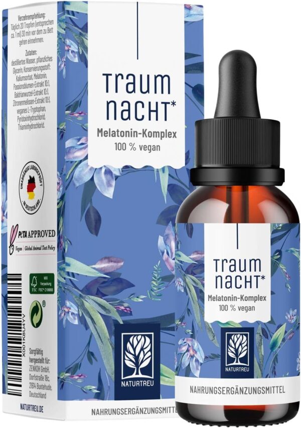 NATURTREU® Traumnacht Melatonin Tropfen 50ml - Alternative zu Melatonin Einschlafspray o. Melatonin Tabletten mit Baldrian, Passionsblume, Zitronenmelisse Einschlafhilfe Erwachsene bei Jetlag