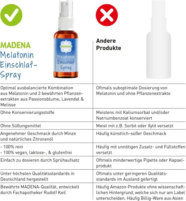 MADENA Melatonin Einschlafspray, ohne Konservierungsstoffe und Süßungsmittel, mit Extrakten aus Passionsblume, Melisse, Lavendel, vegan, Diffuser mit Sofort-Effekt – Bild 4