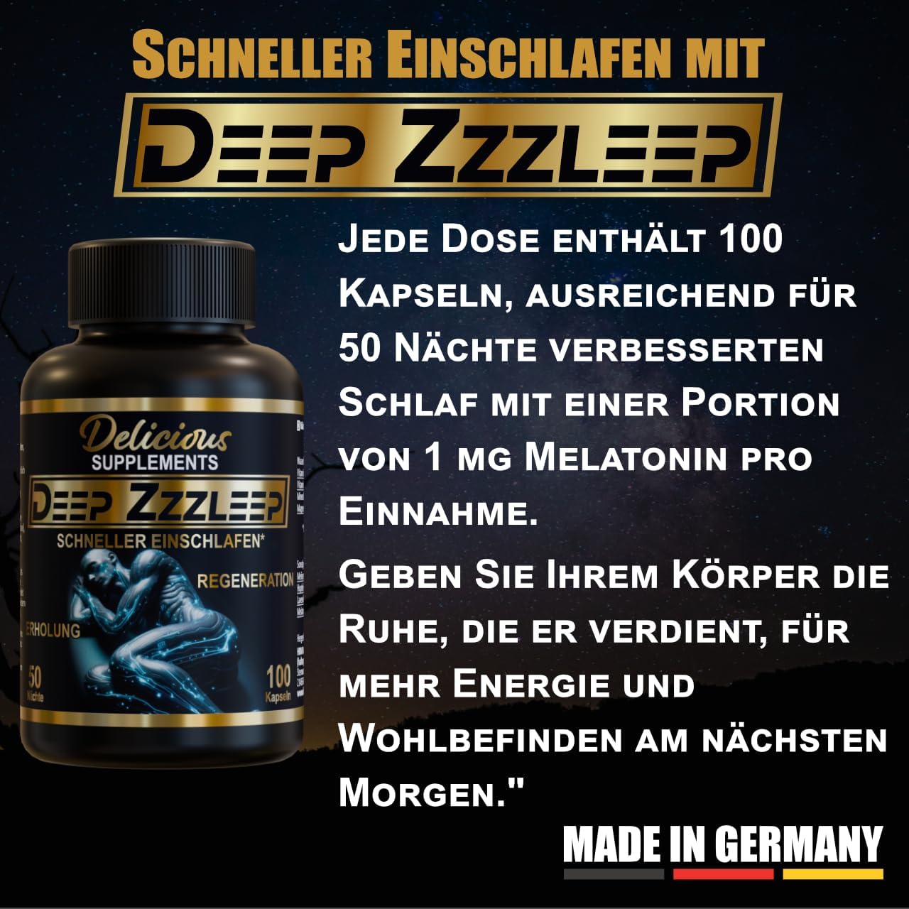 Deep Zzzleep - Melatonin Kapseln - Schneller Einschlafen - 0,5 mg Melatonin pro Kapsel - hochdosiert - 100 Kapseln - Made In Germany – Bild 2