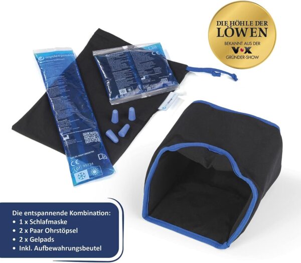 mysleepmask Schlafmaske inklusive 2 Ohrstöpseln und 2 Gelpads Bequeme Bio-Baumwolle für absolute Ruhe und Dunkelheit Entwickelt in Deutschland Kopfumfang circa 54-58 cm, S/M – Bild 8