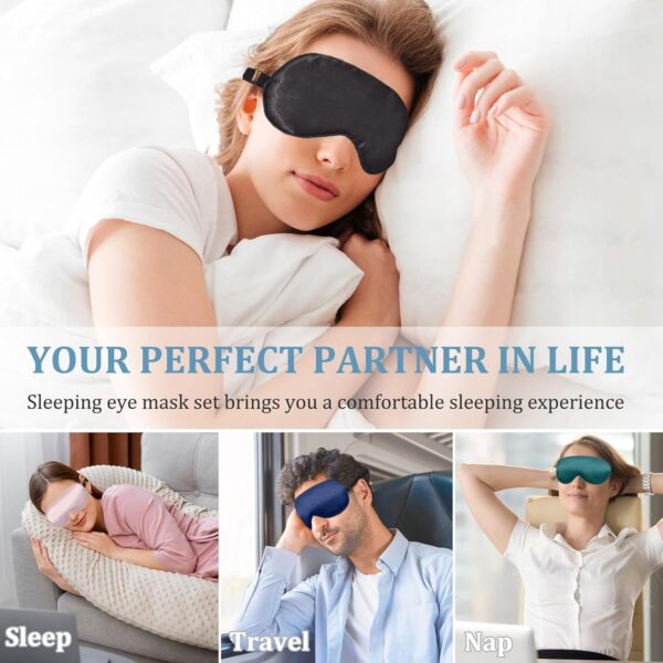 KEYRI 4 Stück Schlafmaske aus Seide, Schlafmaske für Herren und Frauen Augenmaske Nachtmaske mit Verstellbarem Riemen Ohrstöpseln Lichtblockierende Schlafbrille für Reise (Schwarz, Rosa, Blau, Grün) – Bild 7