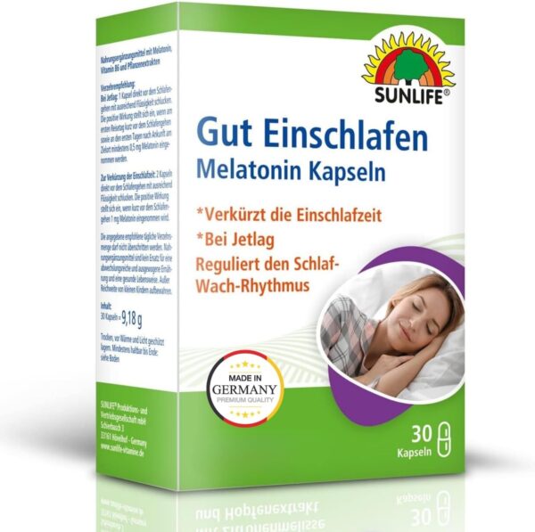 SUNLIFE Melatonin Kapseln hochdosiert - 1 x 30 Stück - Melatonin 1mg Kapseln mit Zitronenmelisse-Extrakt - Gut Einschlafen Kapseln für Erwachsene - hochwertiges Schlafmittel - ideal bei Jetlag