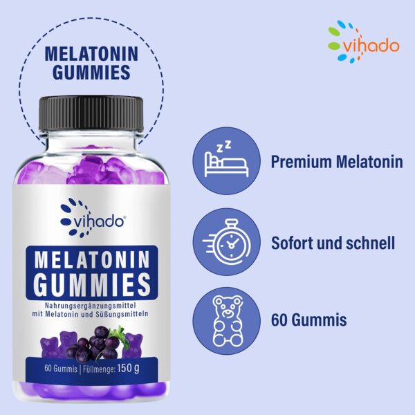 Vihado Melatonin Gummies - so lecker und soft, hochdosiert, zuckerfrei, vegan - besser da mit Vitamin D3, K2, Passionsblume und Kamille, 60 Gummis – Bild 4