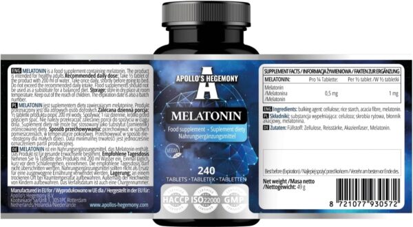 Melatonin 240 Vegane Tabletten - 1mg pro Portion - 480 Portionen in der Packung - für effektives Schlafmanagement - von Apollo's Hegemony