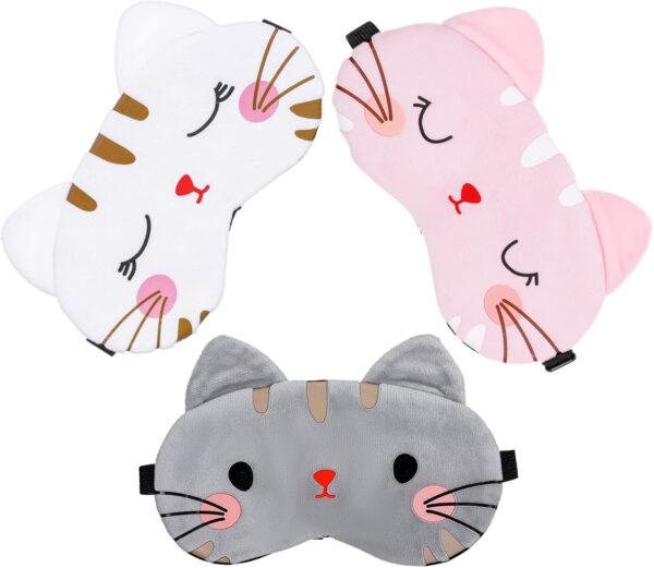YUXIANLB 3 Teilige Süße Augenmaske Zum Schlafen Augenabdeckung Mit Cartoon Katzengesicht Lustige Katzentier Schlafmasken Weicher Leichter Plüsch Augenschirm Katzenaugenmaske Augenbinden Für Frau – Bild 4