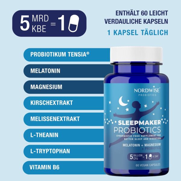 NORDWISE Sleepmaker Probiotika Kapseln mit Melatonin hochdosiert I 2-Monatsvorrat (300 Mrd. KBE/Paket) - Schlaftabletten mit Verdauungsunterstützung | Mit Magnesium & B6 – Bild 5