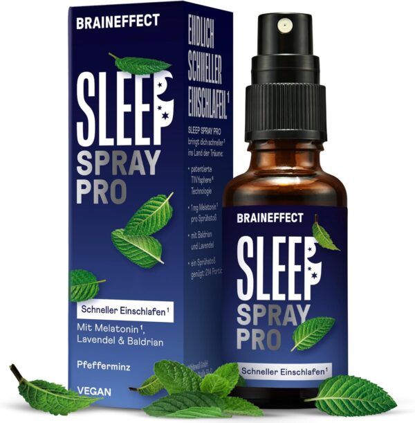 BRAINEFFECT Sleep Spray PRO - Das Ultimative Einschlafspray - 3 Mal schneller als andere Sprays - mit Revolutionärer TINYsphere® Technologie - Hochdosiertes Melatonin Spray - 7 Monatsvorrat