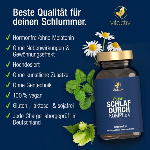 VITACTIV Schlafdurch Komplex - natürliche Durchschlafhilfe-Kapseln für Menschen, die Probleme beim Durchschlafen haben, 100% pflanzliche Inhaltsstoffe mit Hopfenblüte und Melisse – Bild 5