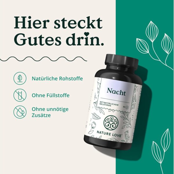 NATURE LOVE® Nacht - 90 Kapseln - mit natürlichem Melatonin, Ashwagandha, Baldrian, Lavendel und Zitronenmelisse - 0,5mg Melatonin pro Kapsel - laborgeprüft und in Deutschland hergestellt – Bild 4