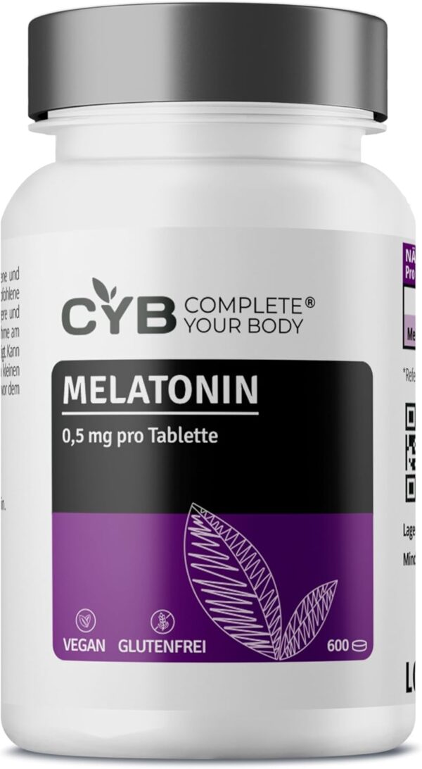 CYB | Melatonin Tabletten – 600 Tabletten – 0,5mg pro Tablette – Melatonin Hochdosiert – Langfristige Melatonin-Versorgung – Vegan – Laborgeprüft