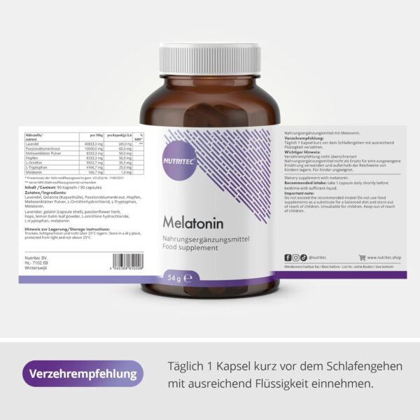 Nutritec Melatonin Kapseln, 90 Stück, 0,5 mg Melatonin pro Kapsel, hochdosiert, mit Lavendel, Passionsblumenkraut, Melissenblätter Pulver, Hopfen, L-Ornithin und L-Tryptophan – Bild 5