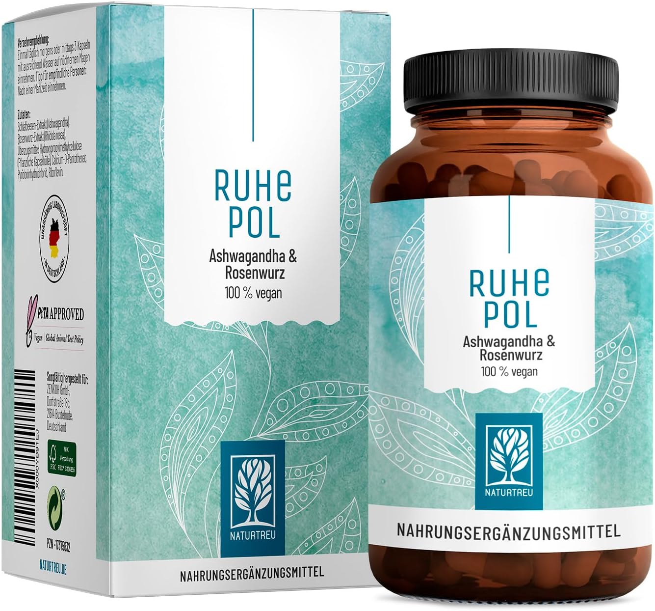 NATURTREU® Ruhepol - Ashwagandha Kapseln hochdosiert - 120 vegane Kapseln - 500 mg Ashwagandha pro Tag - Ashwagandha Komplex mit Rosenwurz-Extrakt - ohne unerwünschte Zusatzstoffe - laborgeprüft