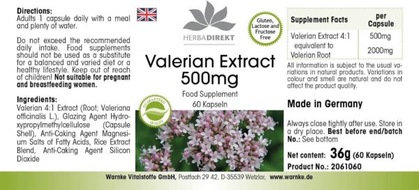 Baldrian Kapseln - 500mg - 60 Kapseln - 4-fach konzentriert - vegan | HERBADIREKT by Warnke Vitalstoffe - Deutsche Apothekenqualität – Bild 2