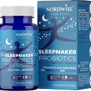 NORDWISE Sleepmaker Probiotika Kapseln mit Melatonin hochdosiert I 2-Monatsvorrat (300 Mrd. KBE/Paket) - Schlaftabletten mit Verdauungsunterstützung | Mit Magnesium & B6