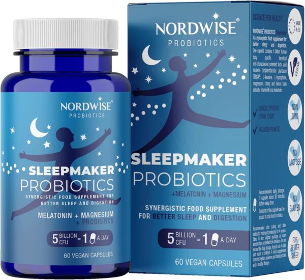 NORDWISE Sleepmaker Probiotika Kapseln mit Melatonin hochdosiert I 2-Monatsvorrat (300 Mrd. KBE/Paket) - Schlaftabletten mit Verdauungsunterstützung | Mit Magnesium & B6
