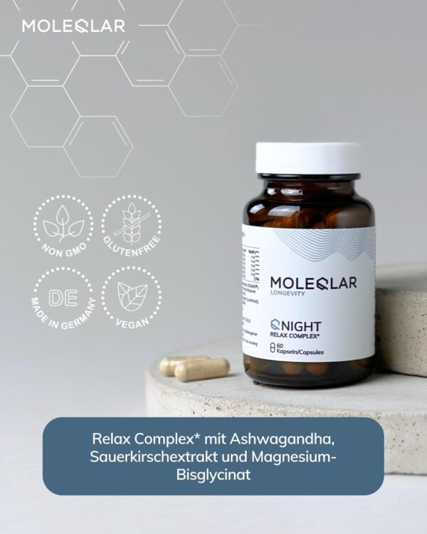 MoleQlar QNIGHT Relax Complex 60 Kapseln - Mit Ashwagandha (KSM66), melatoninhaltigem Sauerkirschextrakt und Magnesiumbisglycinat - Nahrungsergänzungsmittel mit innovativer Formulierung – Bild 2