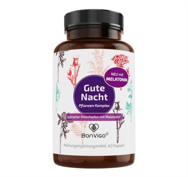 BonVigo® Gute Nacht Kapseln - Jetzt verbessert: Schneller einschlafen mit Melatonin* - Wertvolle Pflanzen-Extrakte Passionsblume und Baldrian - B-Vitamine für Nerven, Herz, Hormone