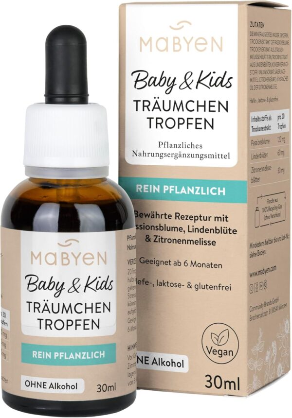 MABYEN Träumchen Tropfen 30ml | ohne Melatonin - pflanzliches Nahrungsergänzungsmittel Baby - Frei von Alkohol, Laktose, Gluten