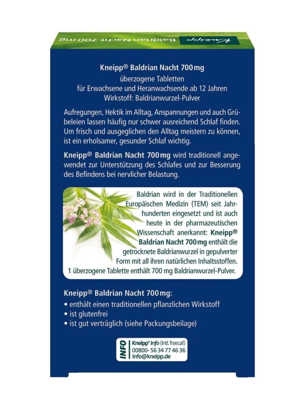 Kneipp Baldrian Nacht 700 mg – Unterstützt den Schlaf - Traditionelles pflanzliches Arzneimittel - 30 überzogene Tabletten – Bild 2