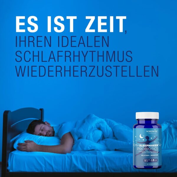 NORDWISE Sleepmaker Probiotika Kapseln mit Melatonin hochdosiert I 2-Monatsvorrat (300 Mrd. KBE/Paket) - Schlaftabletten mit Verdauungsunterstützung | Mit Magnesium & B6 – Bild 9