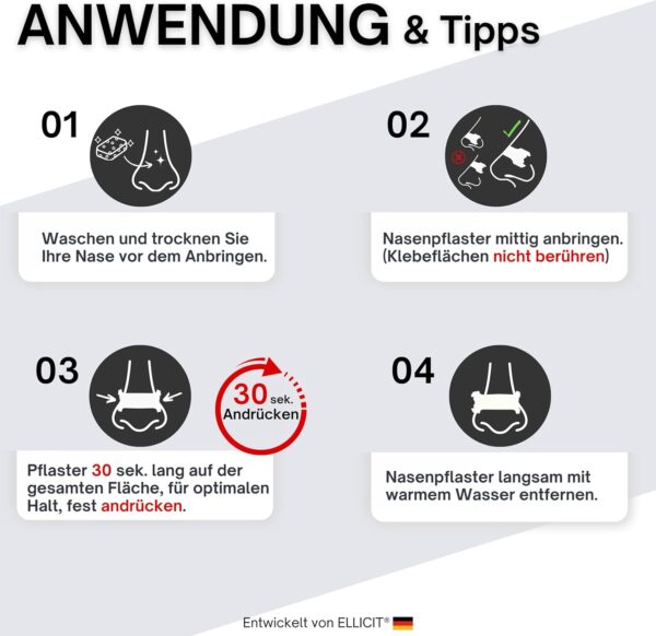 Ellicit® Nasenpflaster Transparent, 30er Pack Premium Nasenstrips, gegen Schnarchen, Extra Halt für bessere Schlafqualität, besser Atmen bei verstopfter Nase, Nasal Strips [für jede Nase] – Bild 7