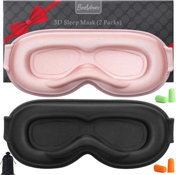 BeeVines Schlafmaske, 2 Pack 100% Blackout Augenmasken für Schlaf 3D-Augenmaske für Frauen Männer, Null Druck Schlafmaske für Seitenschläfer, Augenabdeckung enthält Reisebeutel (04 Schwarz & Rosa)