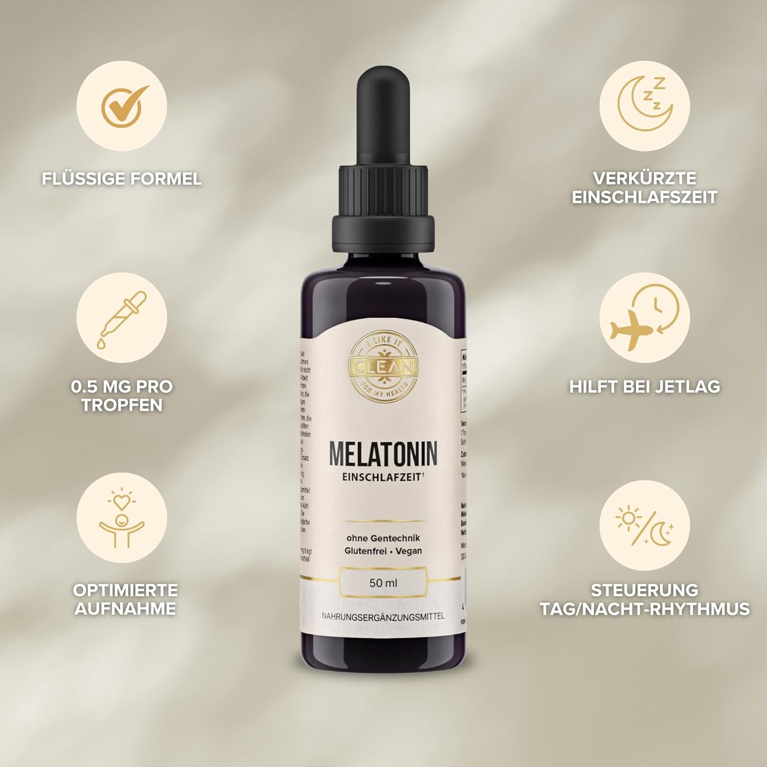 I-like-it-Clean® - Melatonin Tropfen - (50 ml) - 0,5 mg Melatonin pro Tropfen - ohne Alkohol, vegan, laborgeprüft, ohne unerwünschte Zusatzstoffe - geschmacksneutral - in Deutschland produziert – Bild 3