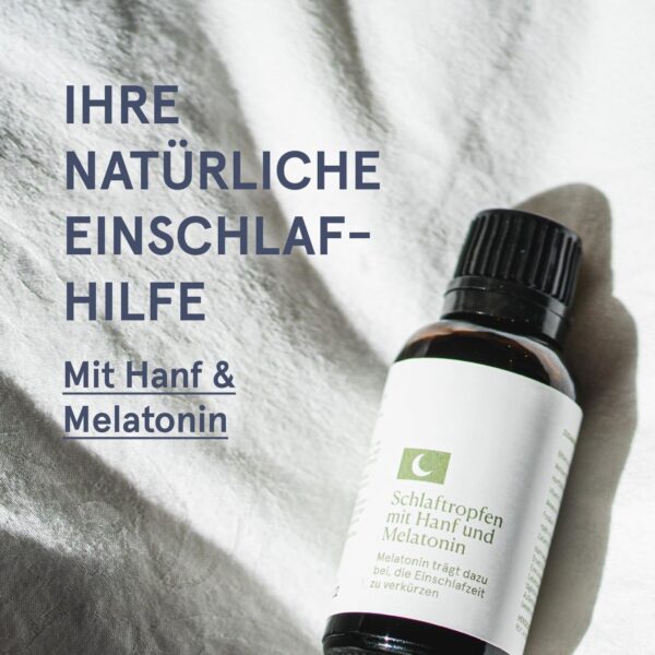 Schlaftropfen mit Melatonin und Hanfsamenextrakt | 100% natürliche Tropfen in Apothekenqualität | Verkürzung der Einschlafzeit | Jetlag Linderung | 30ml – Bild 3