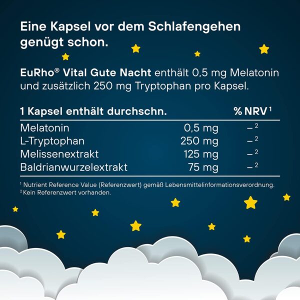 Gute Nacht | Einschlafhilfe – schnell ein- und gut durchschlafen | Mit natürlichem Melatonin, Tryptophan, Melissen- und Baldrianwurzelextrakt | EuRho® Vital – Made in Germany | 60 Kapseln – Bild 4