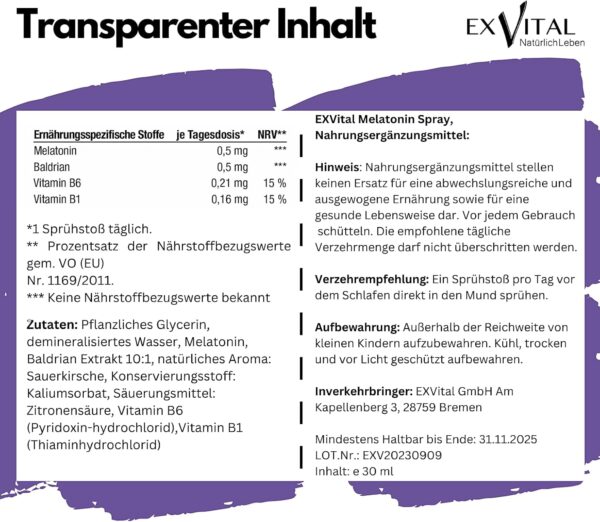 Melatonin Einschlafspray, mit Baldrian & Vitamin B1+ B6 - 0,5 mg liquid Melatonin pro Sprühstoß, natürliches Schlafhormon, 30 ml mit SOFORT EFFEKT- Ohne Alkohol, Hochdosiert & Made in Germany – Bild 7