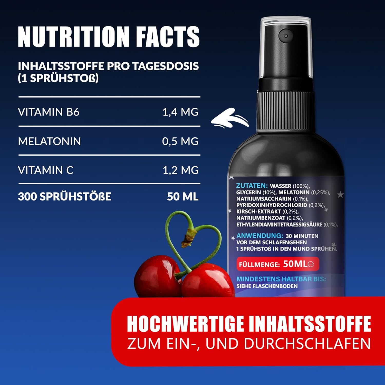 NEU: Saint Nutrition® Melatonin Spray mit 0,5 mg pro Sprühstoß - Einschlafhilfe hochdosiert für Frauen und Männer, Schlafspray mit Kirschgeschmack für die Nacht - ohne Alkohol, 50ml – Bild 7